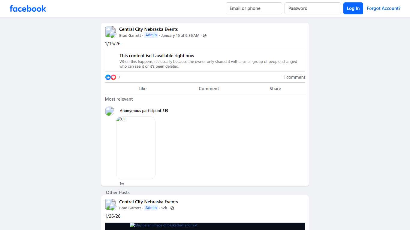 Central City Nebraska Events 1/16/26 Facebook